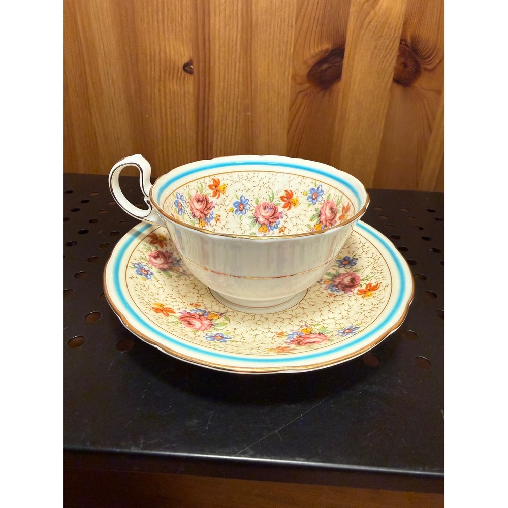 Vintage Aynsley England Bone China Floral Rose Cup & Saucer Turquoise Gold
